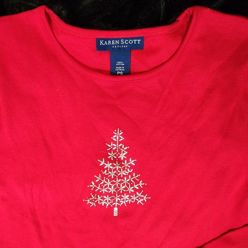 NEW Karen Scott Long Sleeve T-Shirt With Silver Christmas Tree Women's PS